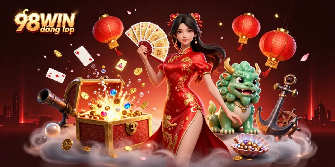 Experience the excitement of 98WIN đăng nhập with vibrant 3D casino elements in a rich illustration.
