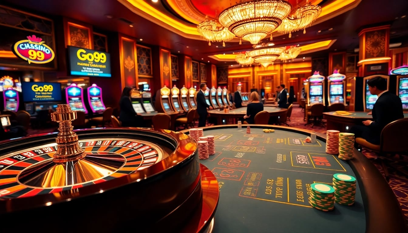 Exciting casino experience showcasing go 99 on roulette wheel and poker table.
