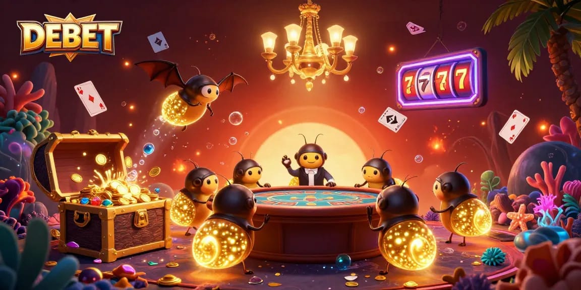 Experience the excitement of DEBET with glowworms lighting a vibrant casino scene filled with gold and gems.