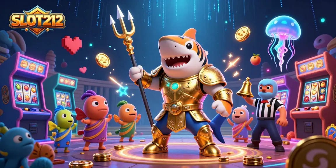 SLOT212 players enjoy vibrant slot action with a golden tiger shark and colorful game themes.