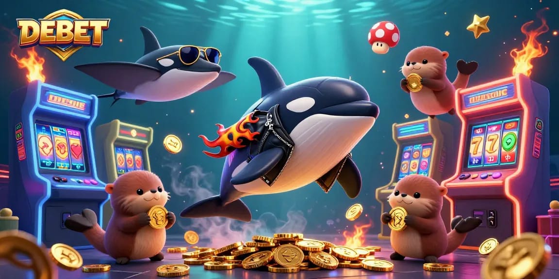 Experience the thrill of gaming with DEBET as the orca jumps amidst golden coins and vibrant casino elements.