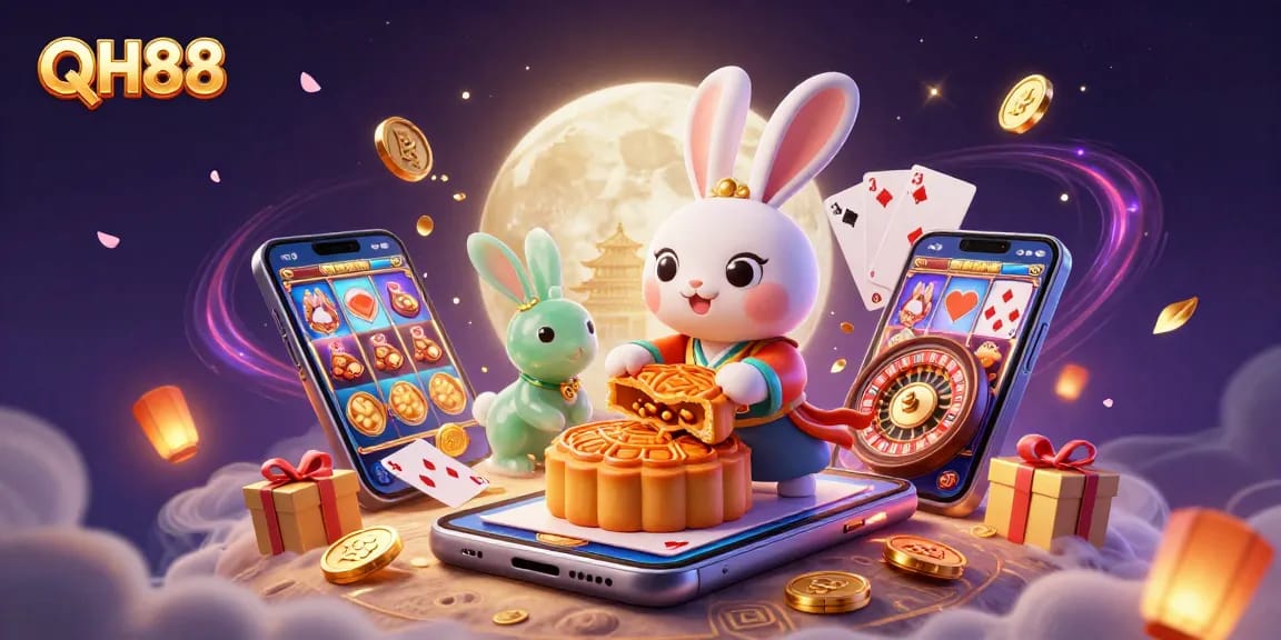 Join the exciting QH88 experience with a cartoon moon rabbit revealing poker chips surrounded by dynamic casino elements.