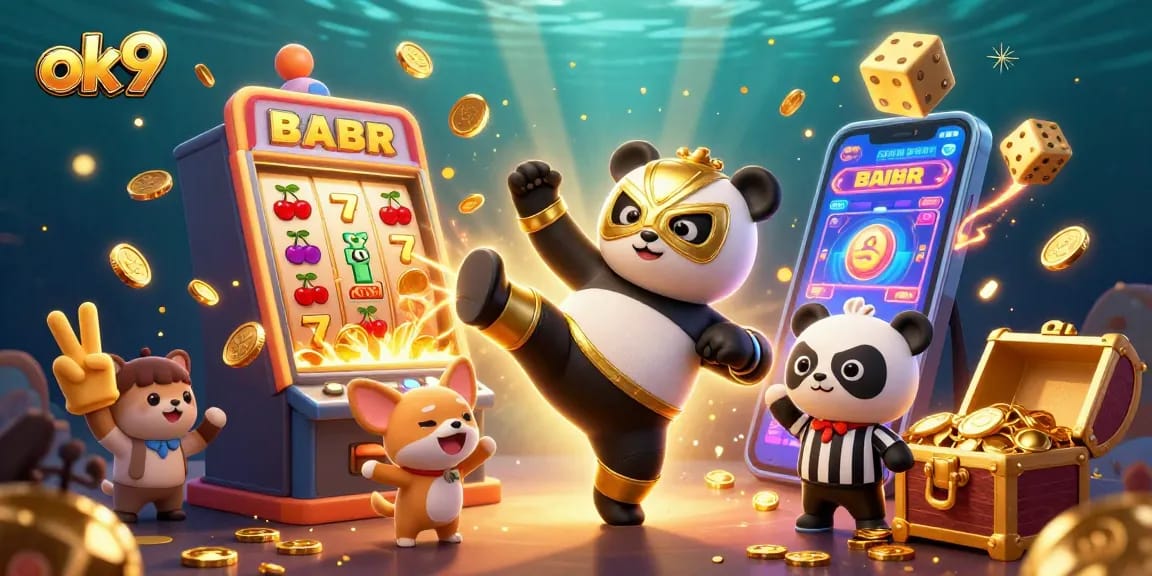 ok9 showcases a dynamic casino scene with a panda wrestler, excitement, and flashing jackpots.