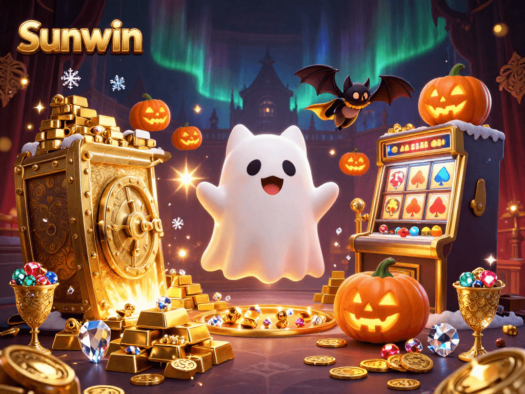 Join the excitement at sunwin with a friendly ghost cat and vampire bat in a haunted casino adventure.