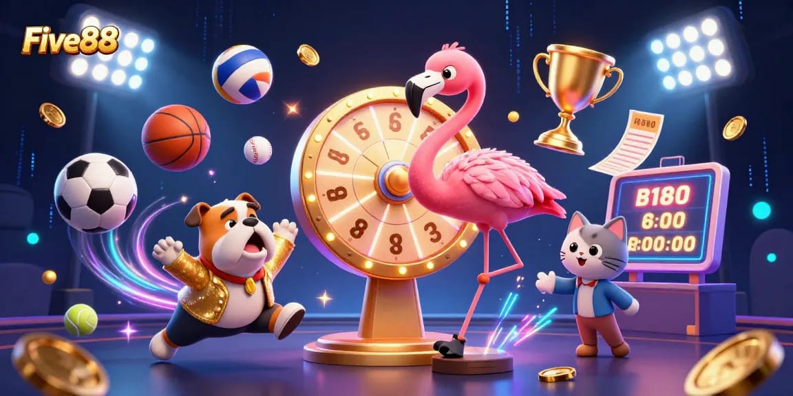 Engage in the excitement of Five88 with a vibrant 3D casino scene showcasing sports betting fun.