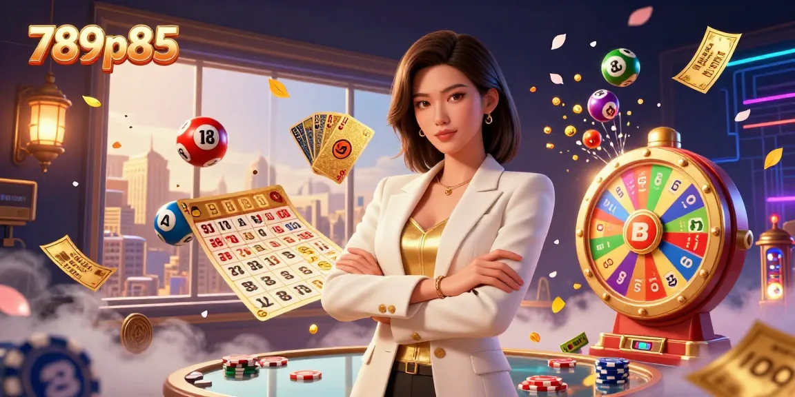 Engaging illustration showcasing a powerful Asian businesswoman at 789p85, surrounded by dynamic gambling elements.