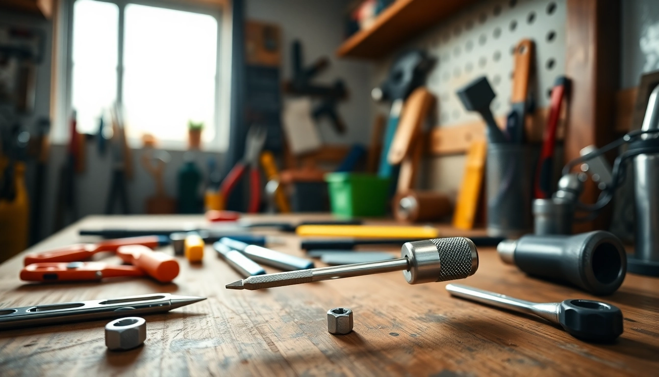 Cacciavite torx esposto su un banco di lavoro in legno con attrezzi in un'officina.