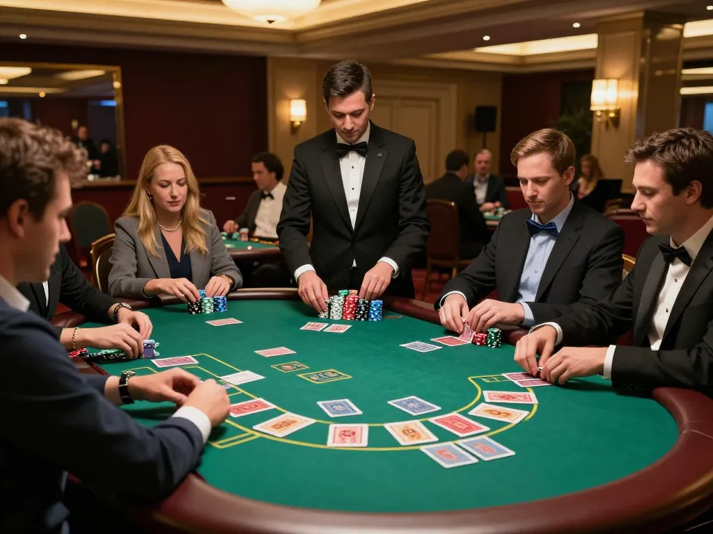 Players in an upscale casino engaged in blackjack strategy, featuring action with GA88 cards and chips on the table.