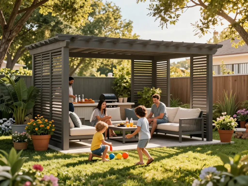 Customized outdoor living space with a pergola configurator, perfect for family gatherings.