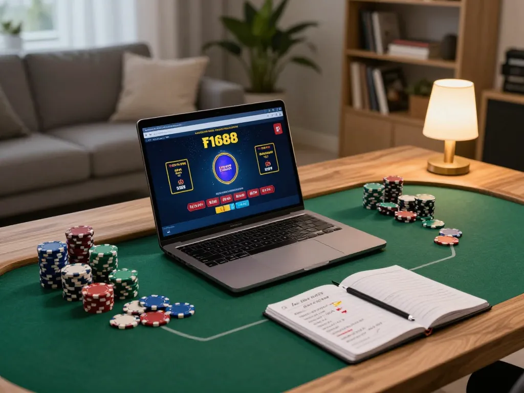Engaging with the f1688 online casino platform at a cozy home gaming setup