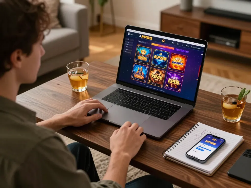 Playing online casino games on the KP88 platform with engaging interface in a cozy home setting