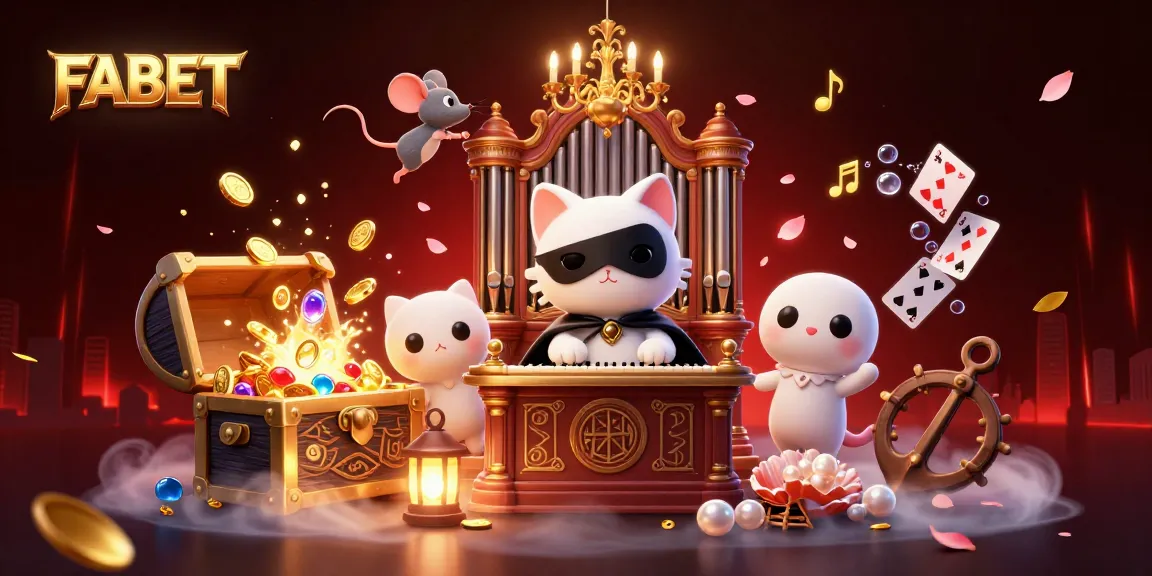 Experience FABET's casino magic with a mask-wearing cat and acrobat surrounded by treasures.