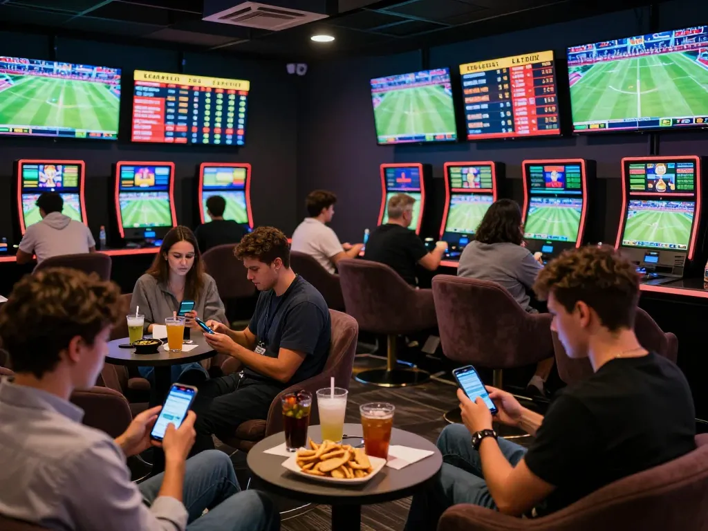 Bsport users engaging in real-time sports betting at a vibrant lounge with live screens.