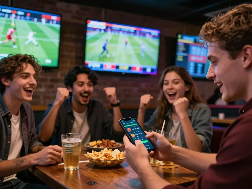 Cheering friends place live bets on mm88bet app during football match excitement