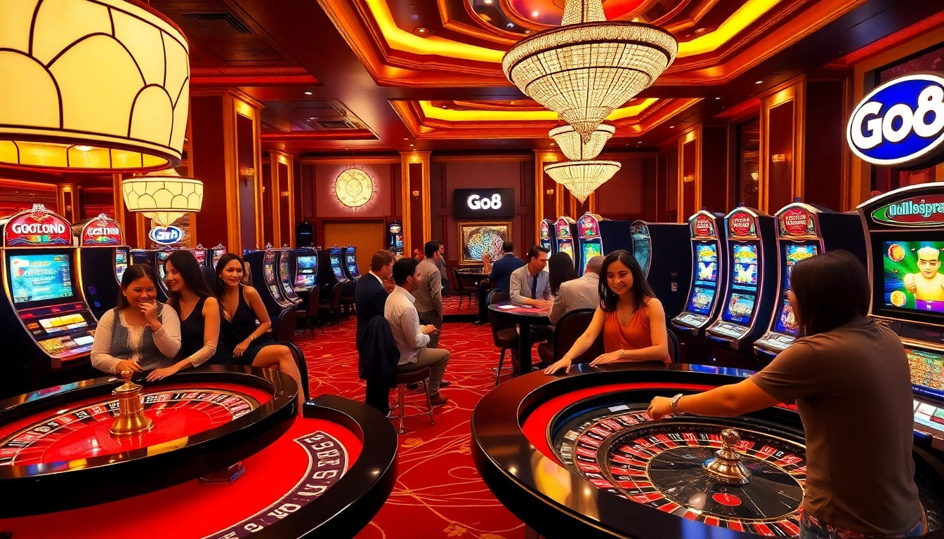 Gamblers enjoying an exciting game in a luxurious Go8-themed casino atmosphere.
