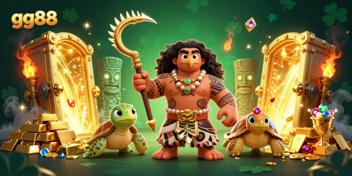 Experience the thrill of gg88 with a dynamic Hawaiian demigod and treasures spilling from a vault.