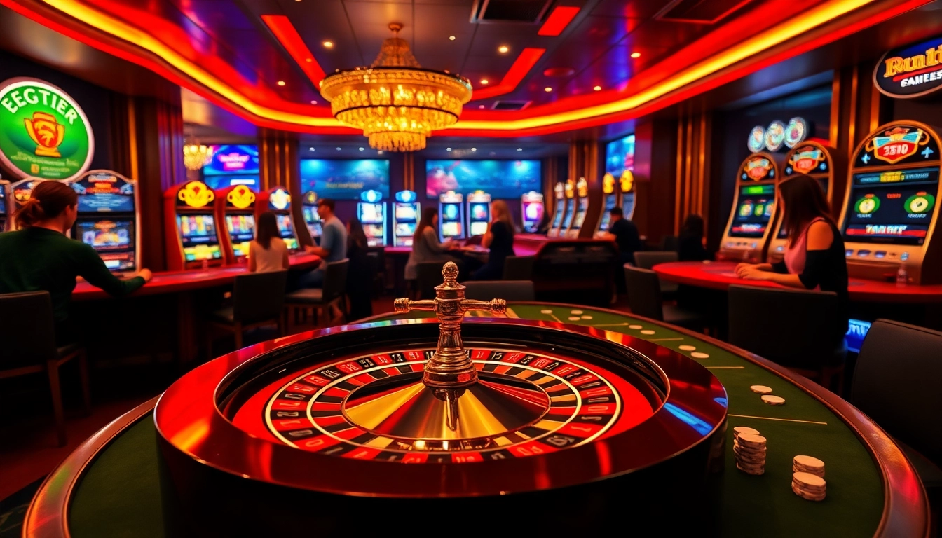 Experience exciting gaming excitement at UU88 with players engaging around a luxurious roulette wheel.