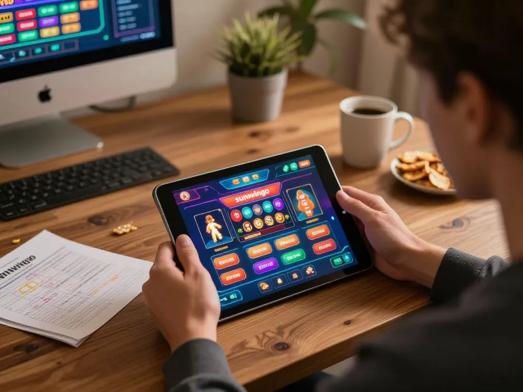 Engaging with the sunwingo app on a tablet at home, emphasizing responsible gaming.