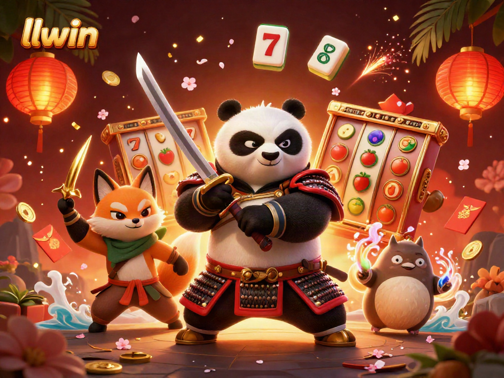 Experience llwin's thrilling gaming world with a samurai panda and shining slot reels.