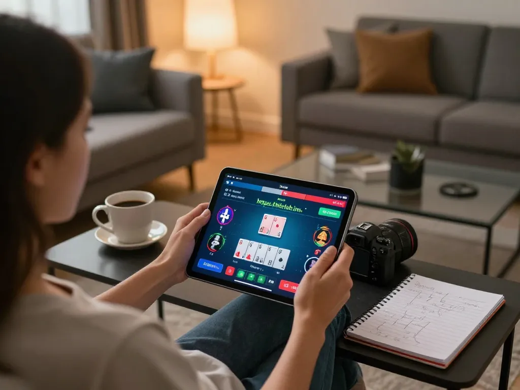 Engaging player exploring poker strategies on https://hitclub.im/ through a tablet in a cozy home environment.