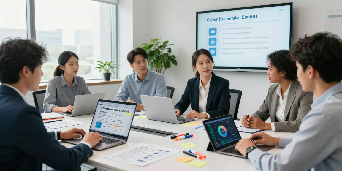 Collaborative team reviewing the cyber essentials checklist in a modern cybersecurity office.