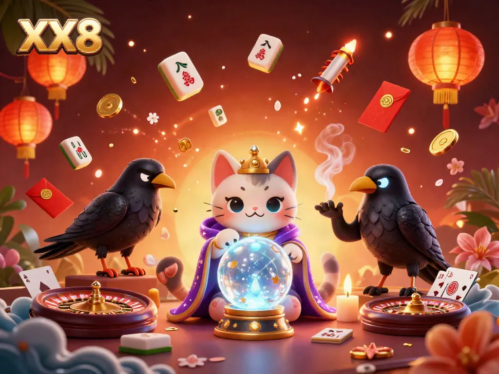 Engage with the vibrant XX8 casino experience featuring mystical characters and magical gambling elements in a dynamic scene.