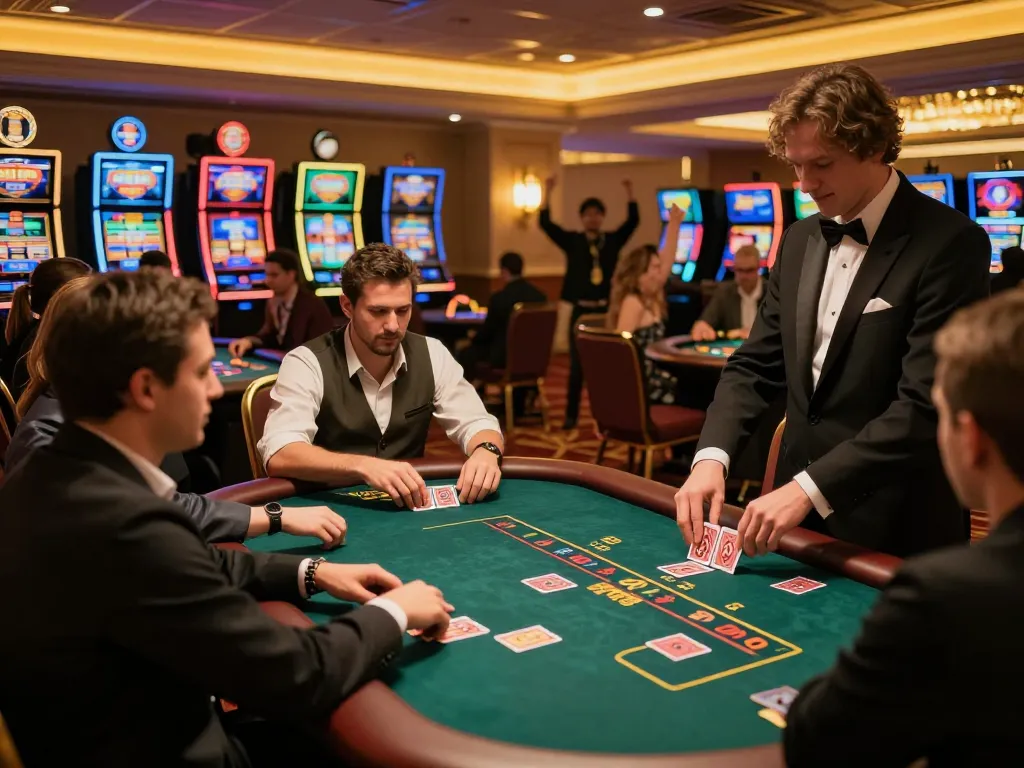 A vibrant casino scene at F168 with players engaged at poker tables, showcasing excitement and strategy
