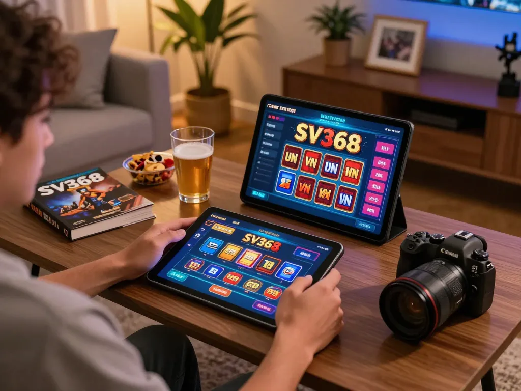 Engaging in online casino gaming at home with SV368 VN interface, showcasing a cozy setup and strategic playing atmosphere.