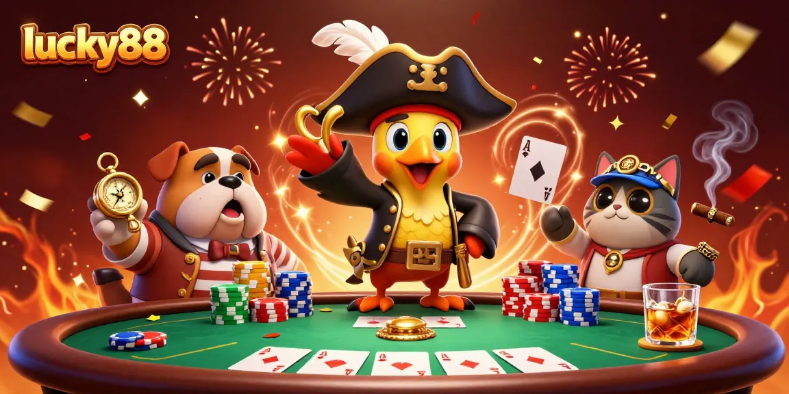 Join the action at lucky88 with cartoon characters around a vibrant poker table, showcasing thrilling gaming elements.