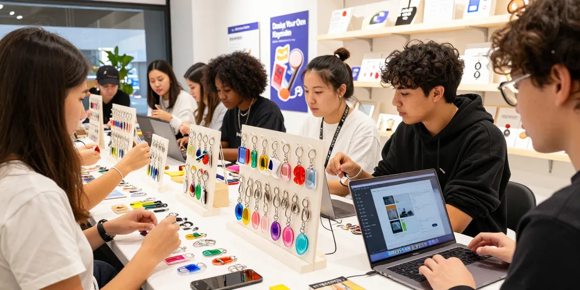 Customers exploring vibrant custom keychains in a modern retail setting, showcasing diverse shapes and colors.