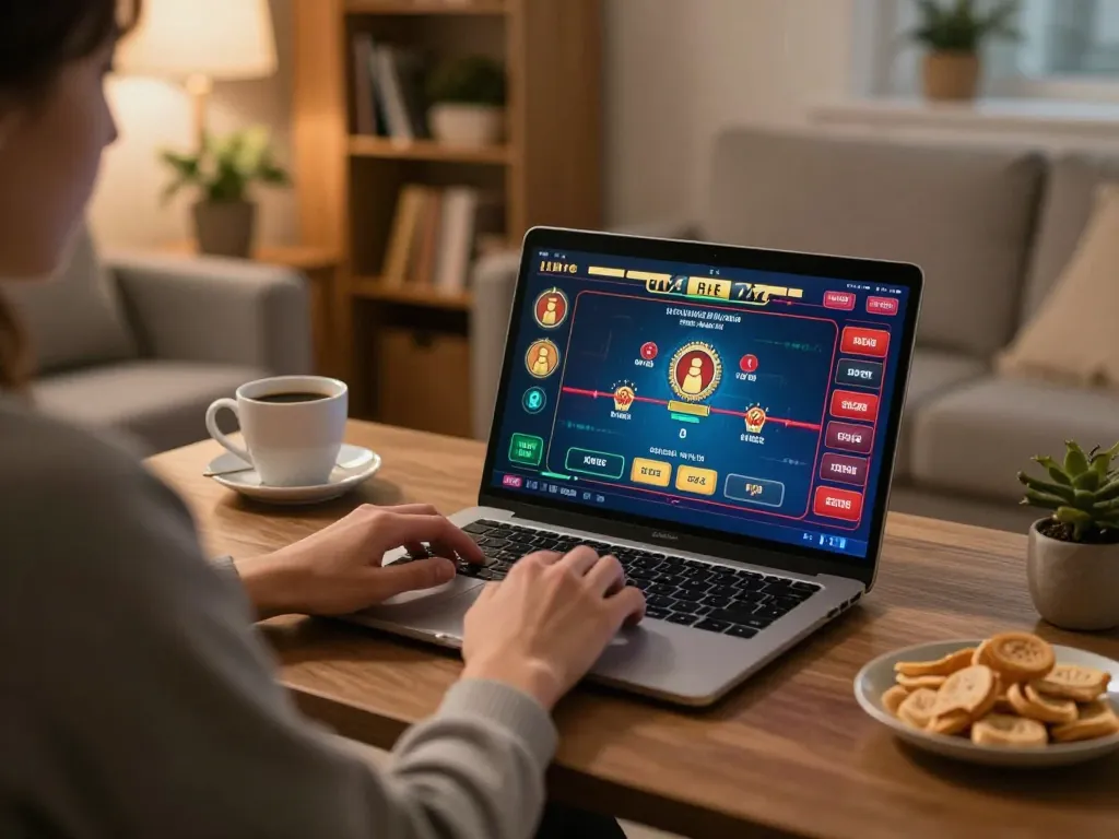 Player engaging with the aa88 online casino interface on a laptop in a cozy home setting