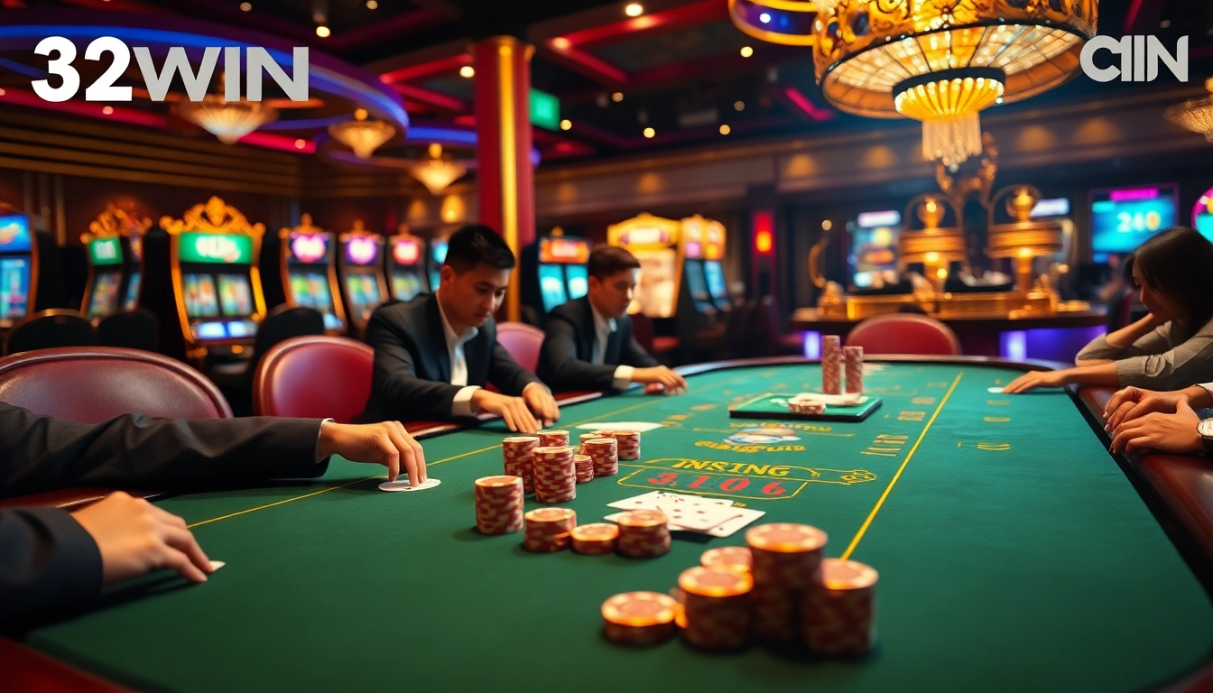 Experience the thrill of 32WIN đăng nhập at a vibrant casino scene with players immersed in high-stakes poker.