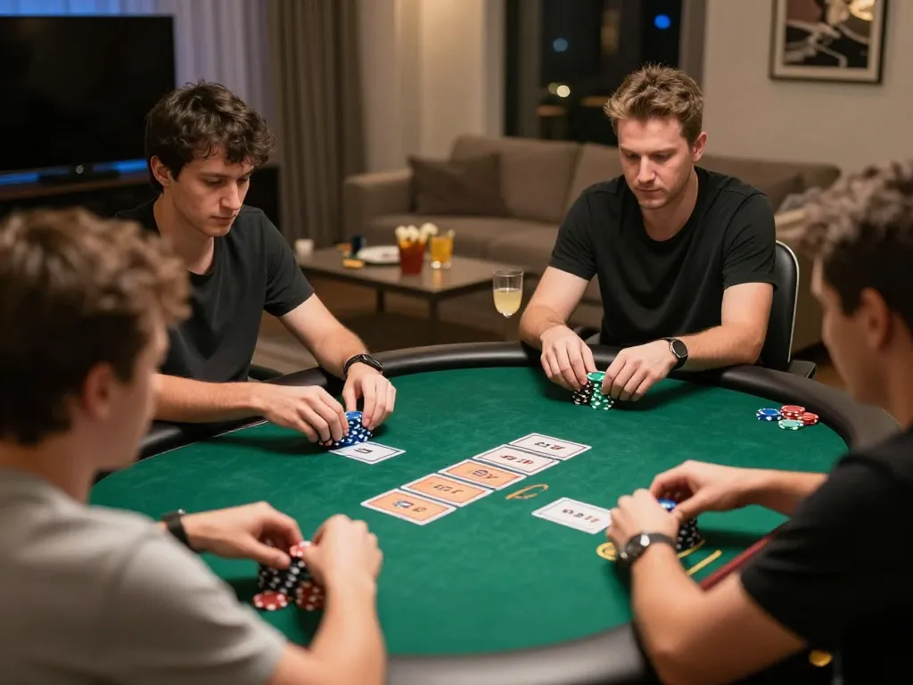 lc88 players strategizing in a poker game, showcasing community cards and focused action.