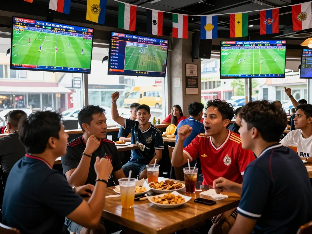 Exciting view of fans engaged in kèo bóng đá nhà cái betting during a lively football match in an urban sports bar.