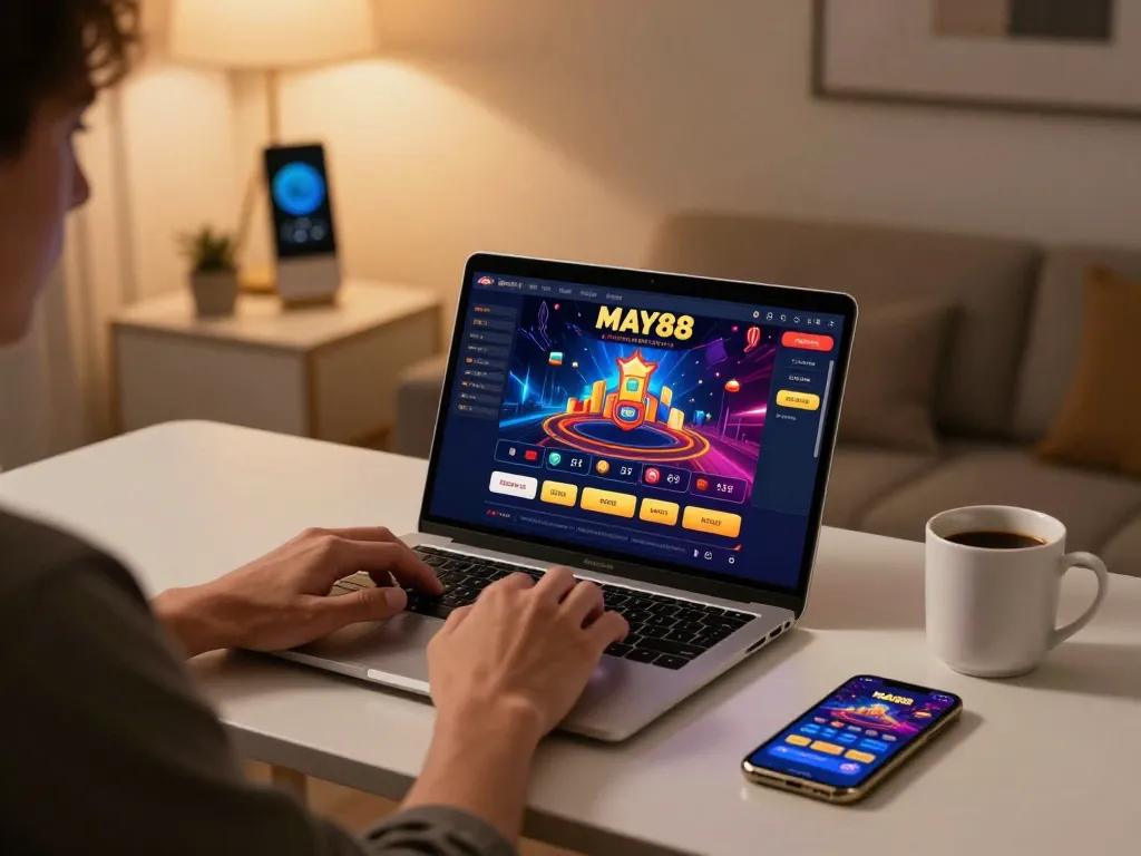 Player strategizing on MAY88n online casino, laptop game interface visible beside coffee mug.
