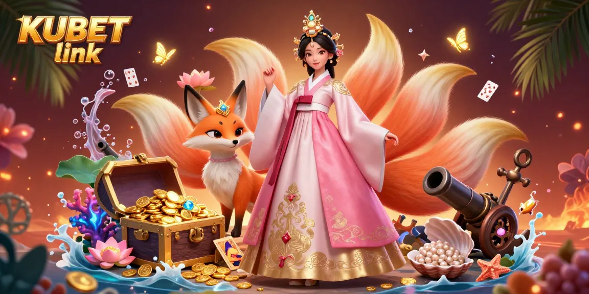 Engage with KUBET link and experience exhilarating gaming in an enchanting casino scene featuring a graceful Asian woman and lucky fox.