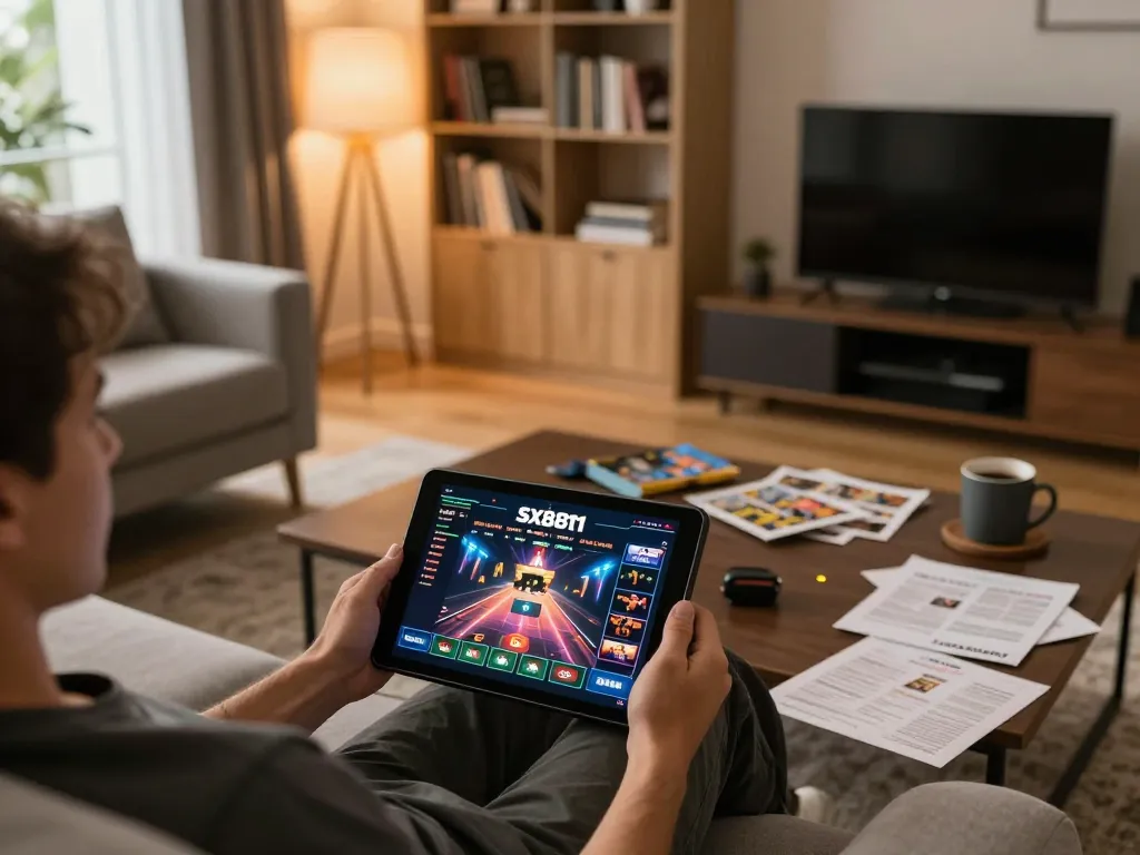 Player enjoying sx88t1 online casino game on tablet in cozy home setup
