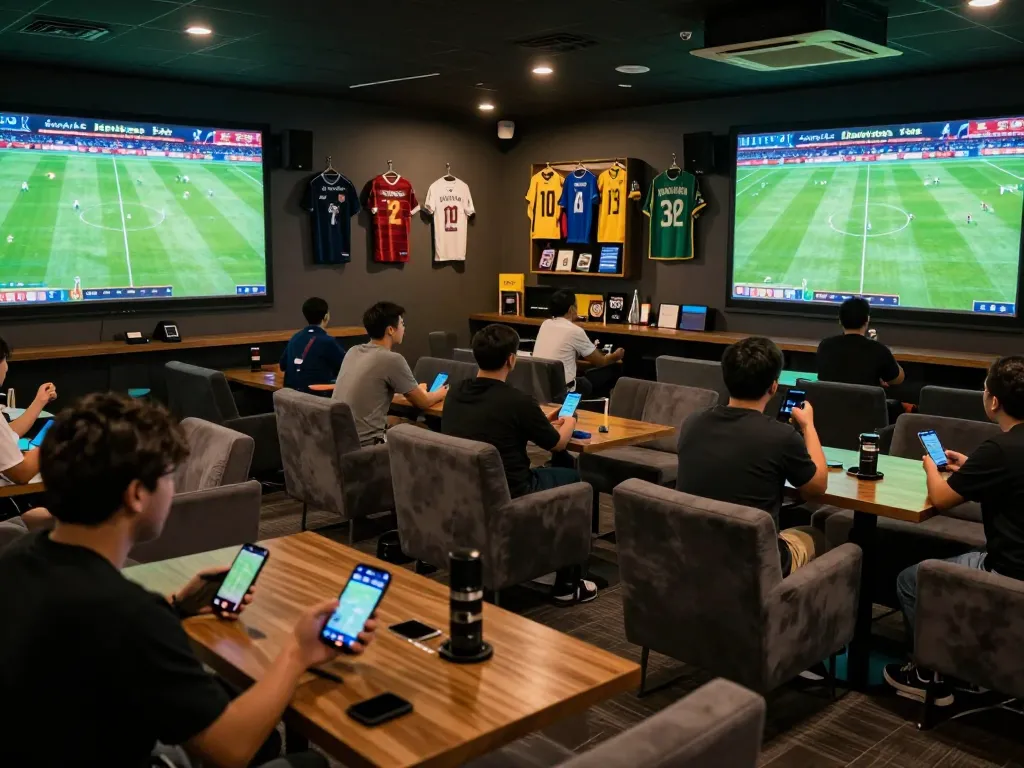 Engaged fans placing kèo bóng đá trực tuyến bets while watching live sports, capturing the excitement and strategy in a vibrant lounge.