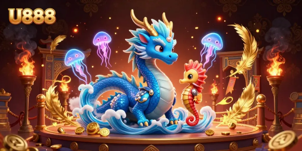 Engage in thrilling online gaming at U888, featuring captivating sea creatures and luxurious casino elements.