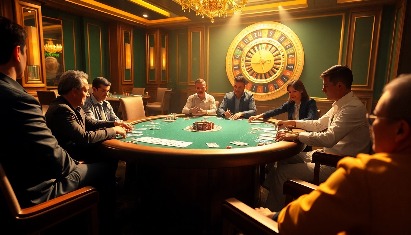 Players strategize around a du88 poker table in a vibrant casino, showcasing excitement and professionalism.
