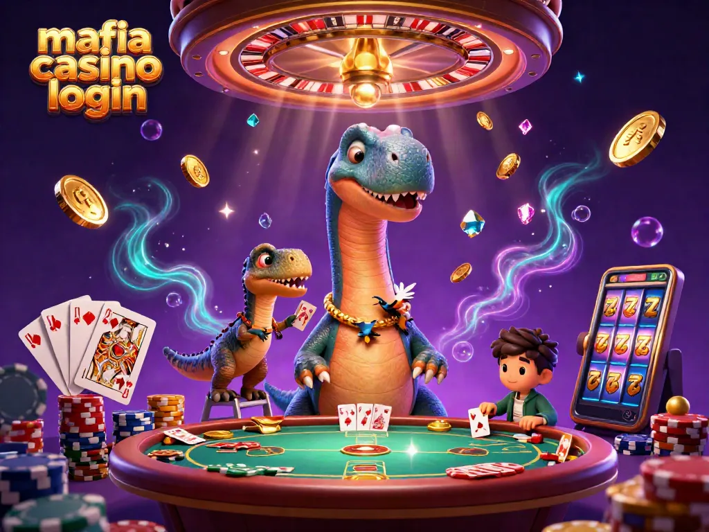 Experience the excitement of mafia casino login with a vibrant 3D scene of cartoon characters and casino elements.