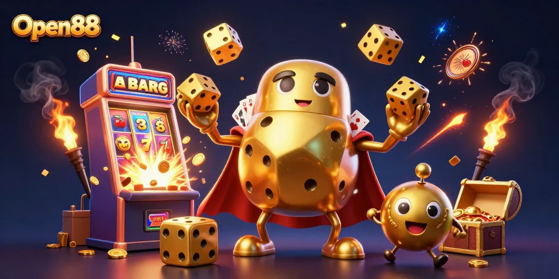 Experience thrilling gameplay with Open88's vibrant casino scene featuring golden dice and slot machines.