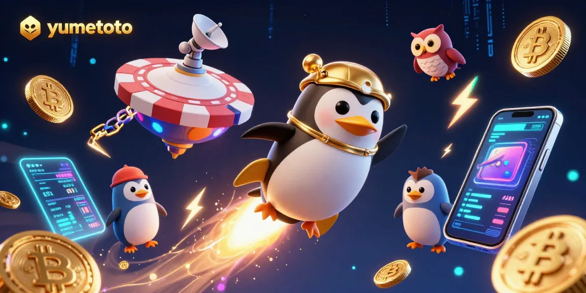 Experience thrilling gameplay at yumetoto with a golden penguin racing towards a casino space station