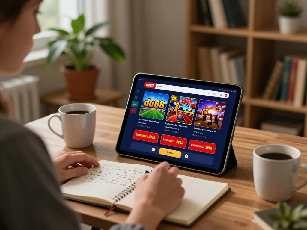 Engaging in online gambling strategies with du88 on a tablet during a cozy evening