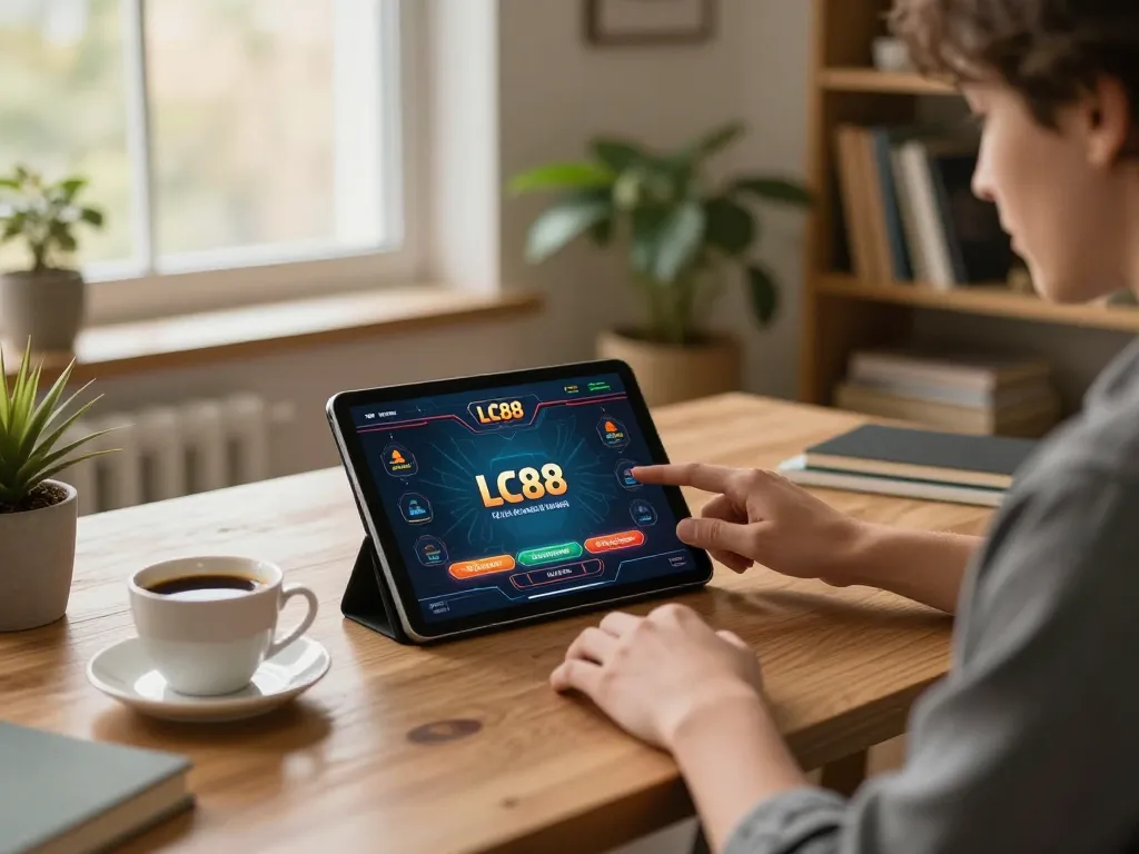 Engaging with the LC88 link on a tablet in a cozy home setting, showcasing online gambling.