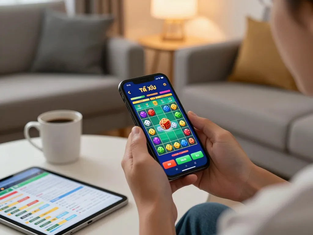 Engaging view of a player using the app tài xỉu online on a smartphone while seated comfortably, showcasing the fun and accessibility of modern mobile gambling.