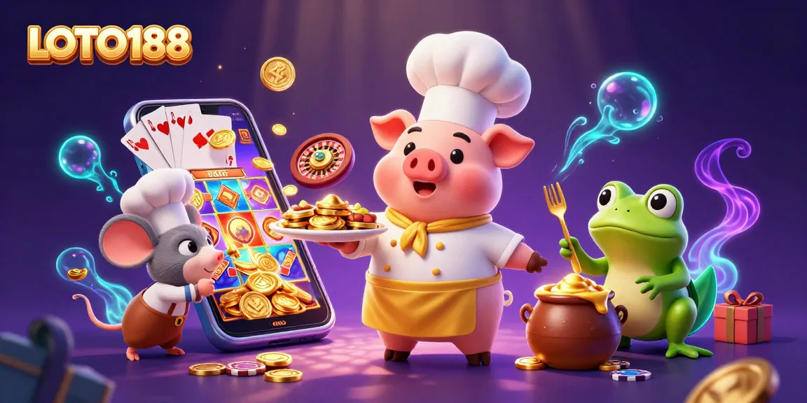 Bet on big wins with LOTO188, featuring characters enjoying casino games and rewards.