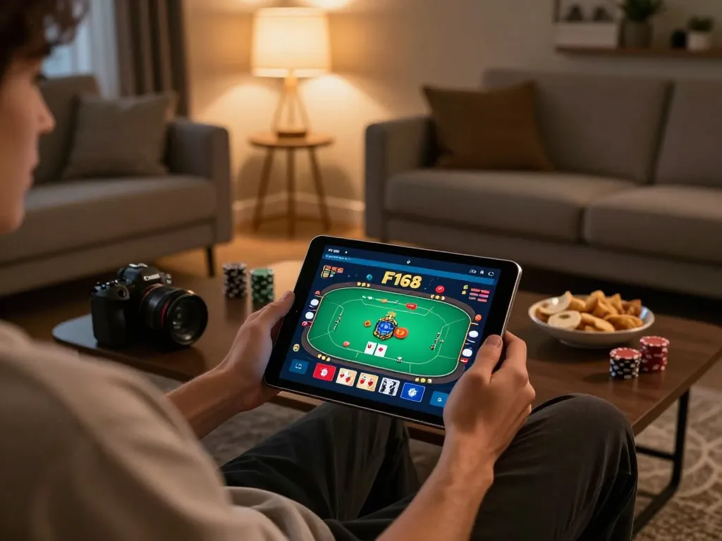 Player engaging with F168 online casino on tablet in cozy home setting.