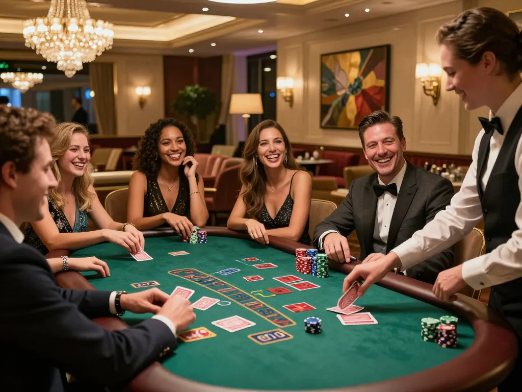 Friends enjoying a lively game of blackjack at LODE88 casino, showcasing excitement and social interaction.