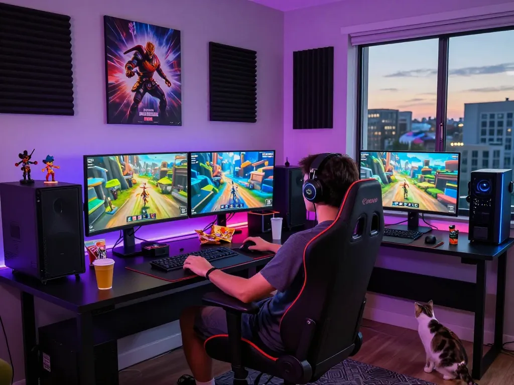 Gamer enjoying Go99 in an immersive digital setup with vibrant graphics and cozy atmosphere.